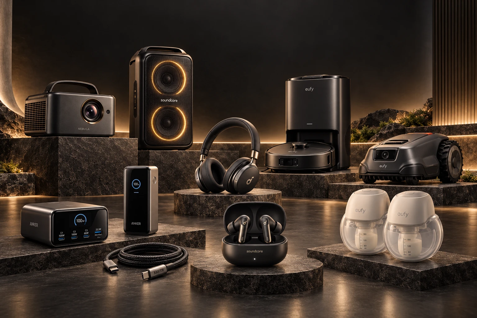 Anker ecosystem: charger, power bank, cable, Soundcore earbuds, headphones and speaker, eufy vacuum, lawn mower and breast pumps, and Nebula projector