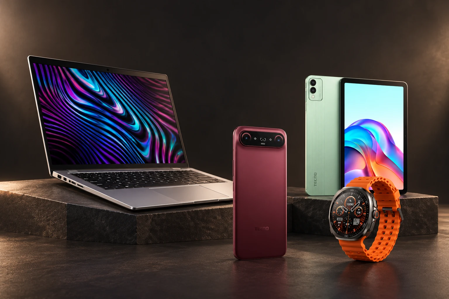 TECNO ecosystem illustration with a burgundy smartphone, silver laptop, mint-green tablet and orange-strap smartwatch