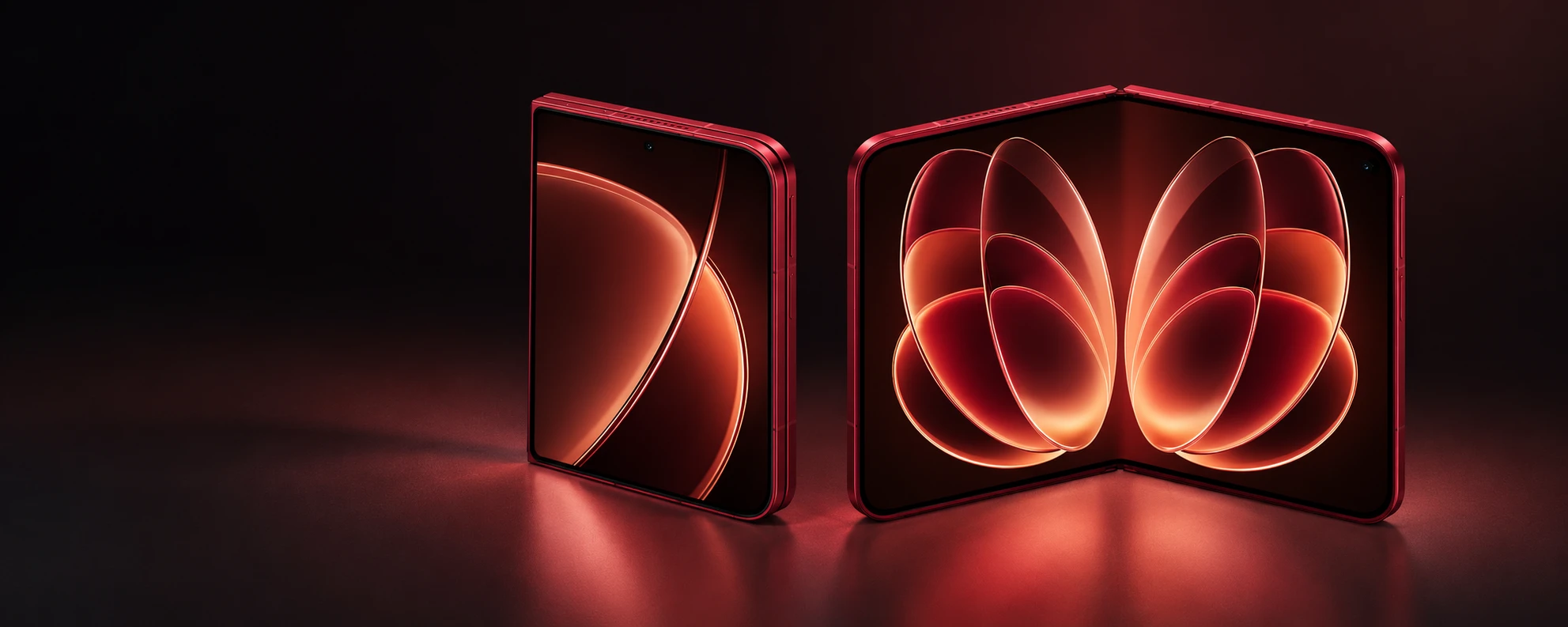 Red foldable smartphone shown folded and unfolded in a graphite studio